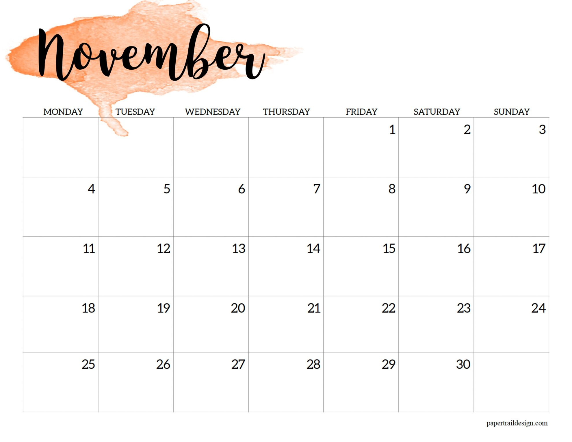 2024 Monday Start Calendar Printable - Watercolor - Paper Trail Design regarding Calendar November 2024 Printable Monday Start