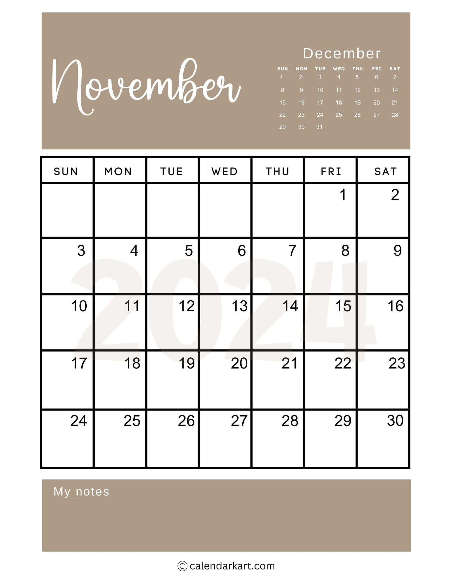 38 Printable November 2024 Calendars | Free Pdf - Calendarkart within November 2024 24 Calendar Printable