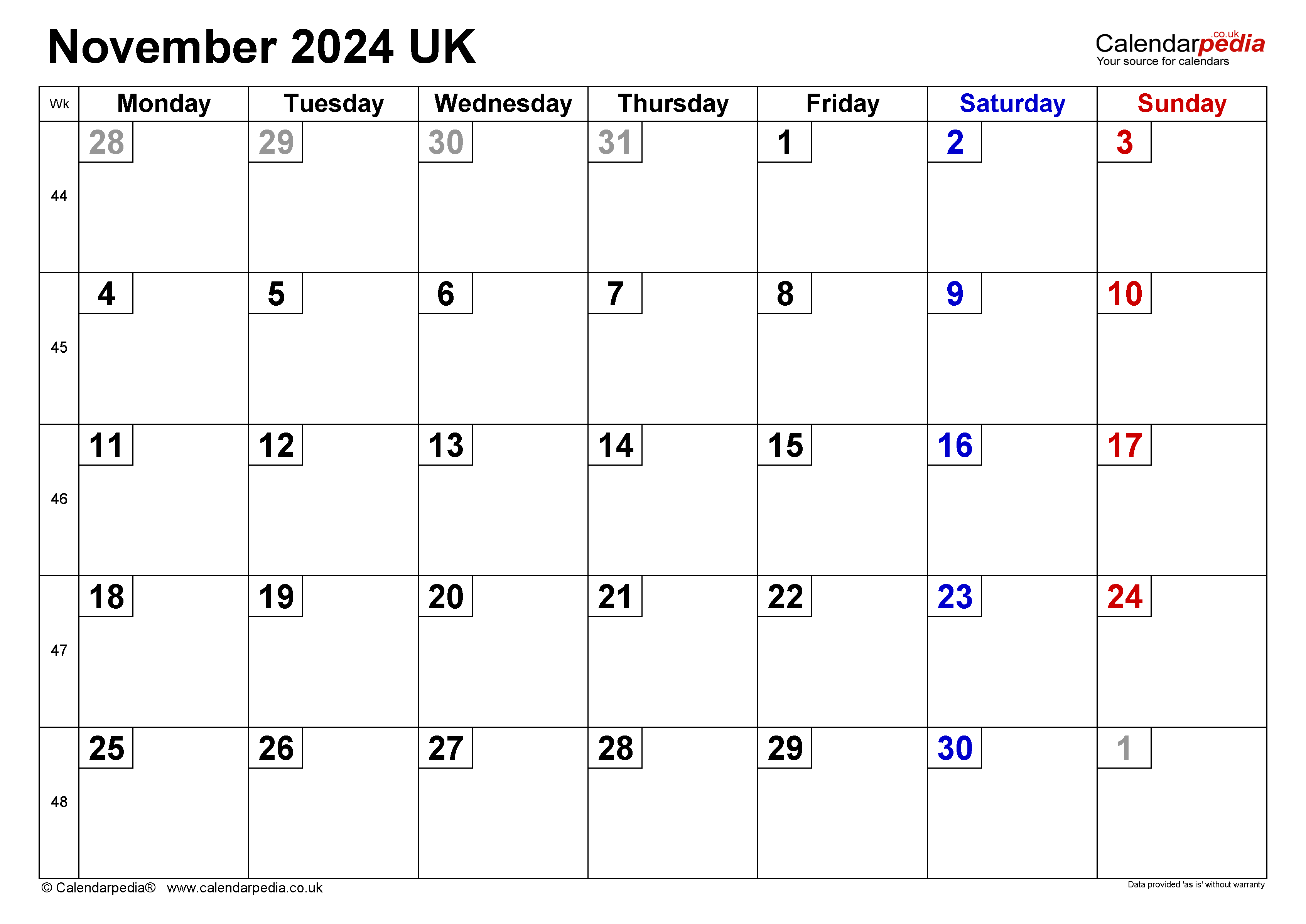 Calendar November 2024 Uk With Excel, Word And Pdf Templates in A3 Printable Calendar November 2024