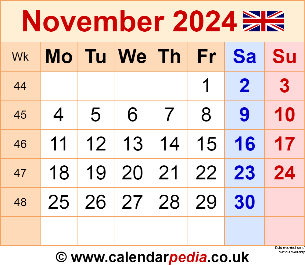 Calendar November 2024 Uk With Excel, Word And Pdf Templates in Calendar November 2024 Uk Printable