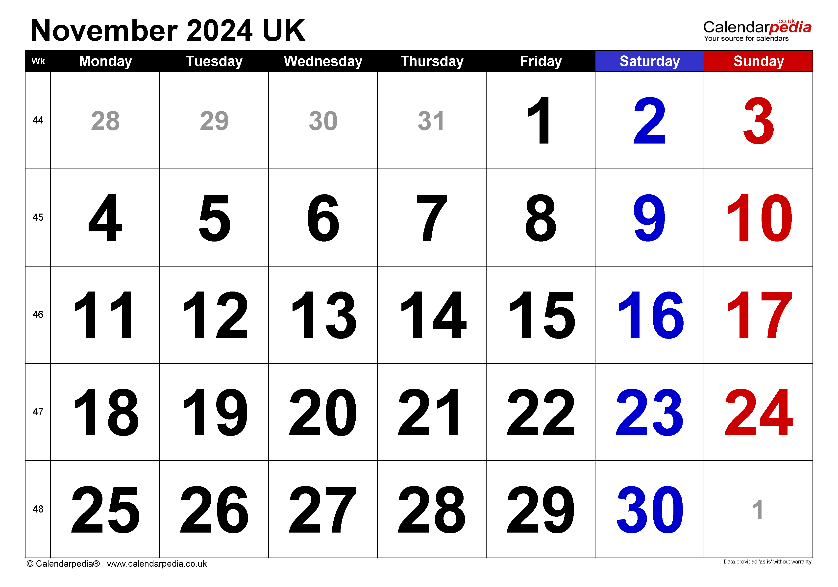 Calendar November 2024 Uk With Excel, Word And Pdf Templates throughout Calendar November 2024 With Holidays Printable