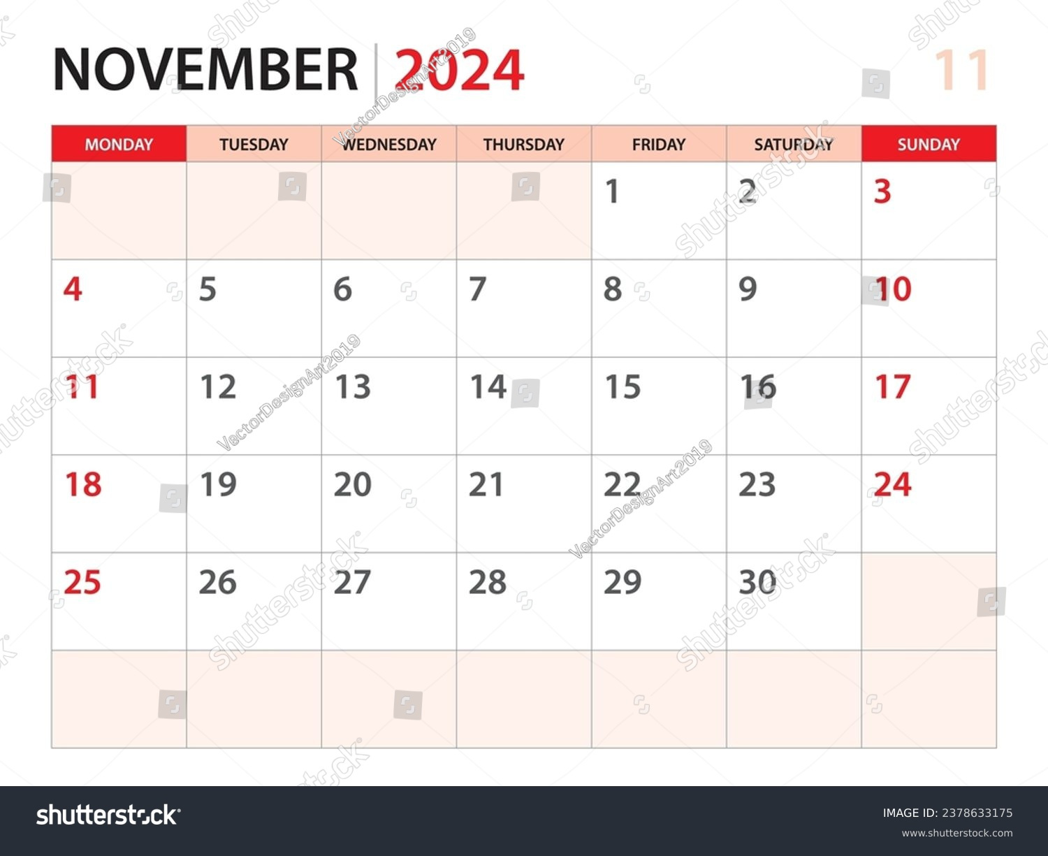 Calendar Planner 2024 November 2024 Template Stock Vector (Royalty inside Desk Calendar November 2024 Printable