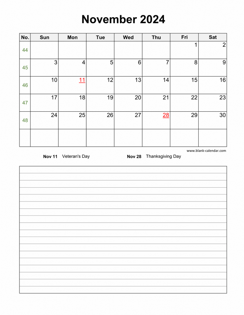 Download November 2024 Blank Calendar With Space For Notes (Vertical) inside November 2024 Printable Calendar With Notes