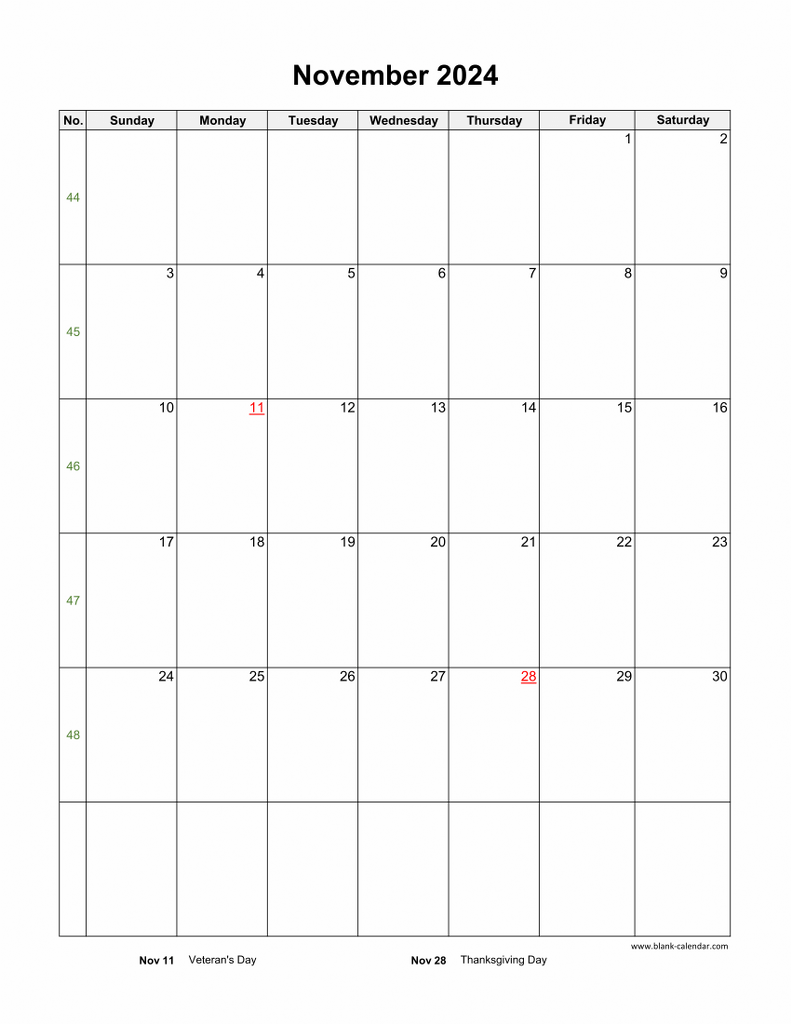 Download November 2024 Blank Calendar With Us Holidays (Vertical) for Printable Blank Calendar November 2024