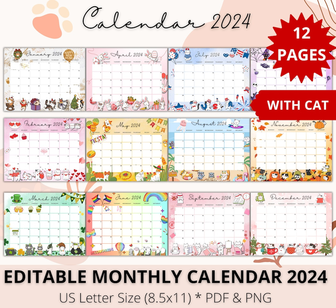 Editable Monthly Calendar 2024, Holiday Calendar, Cat Lover with 20246 November Calendar Printable