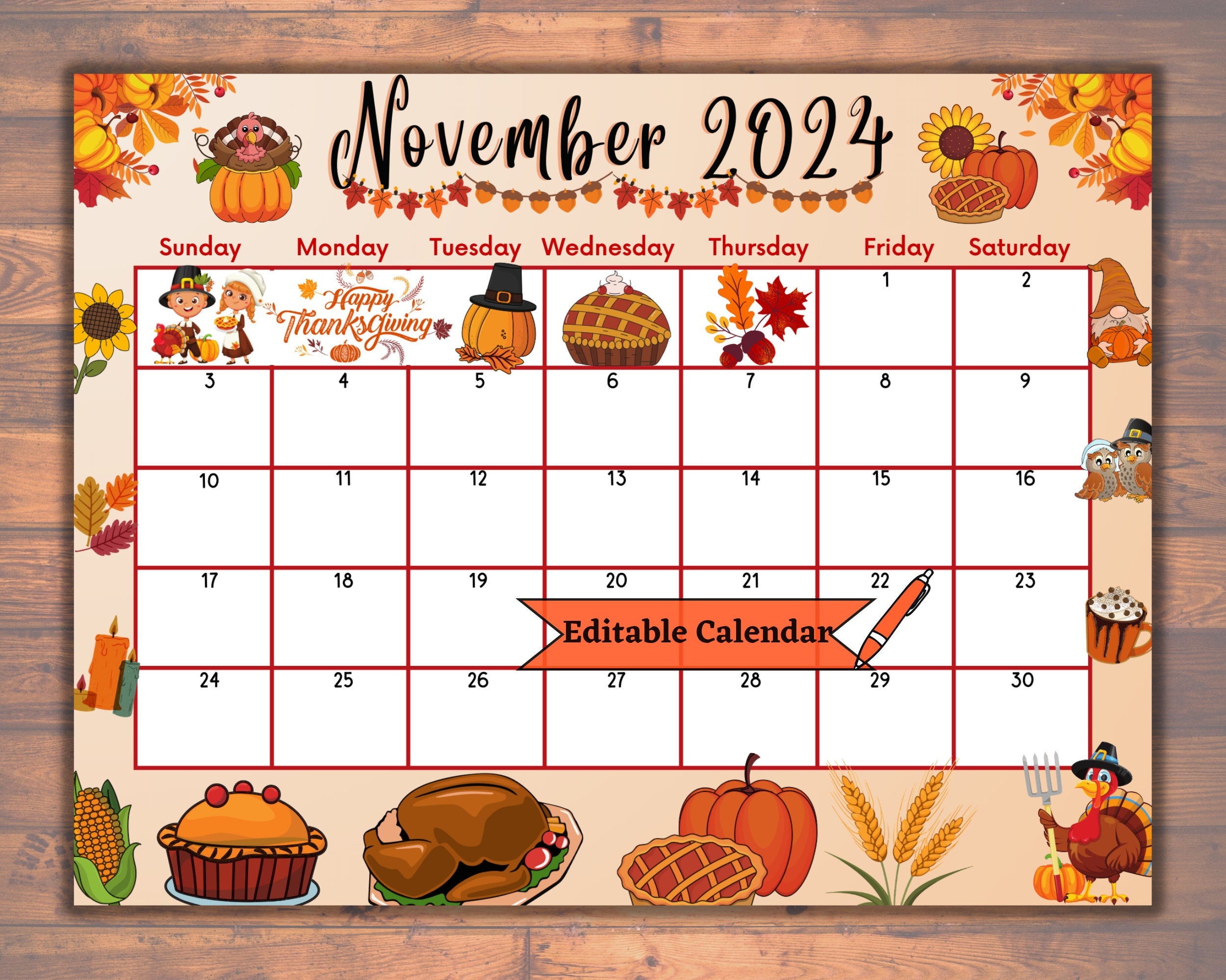 Editable November 2024 Calendar, Fillable, Printable, Happy pertaining to November 2024 Calendar Thanksgiving Printable