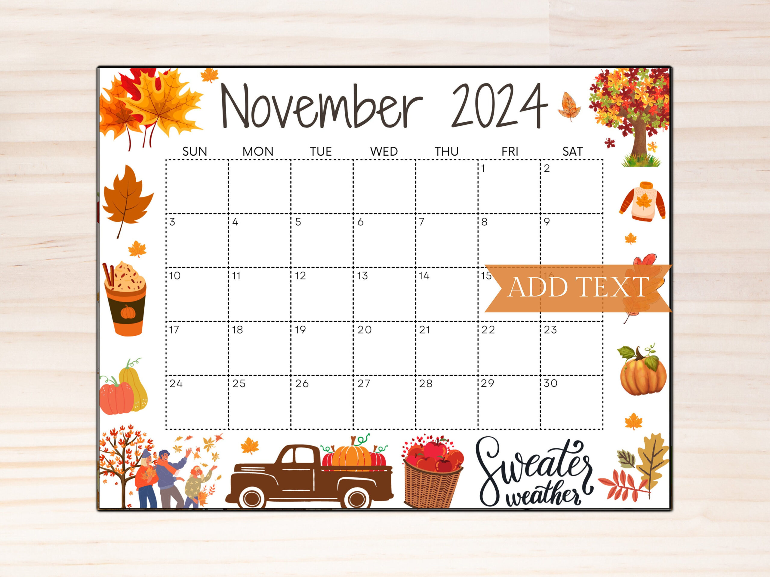 Editable November 2024 Calendar, Printable Fall Calendar, Wall in 2024 November Calendar Printable With Holidays