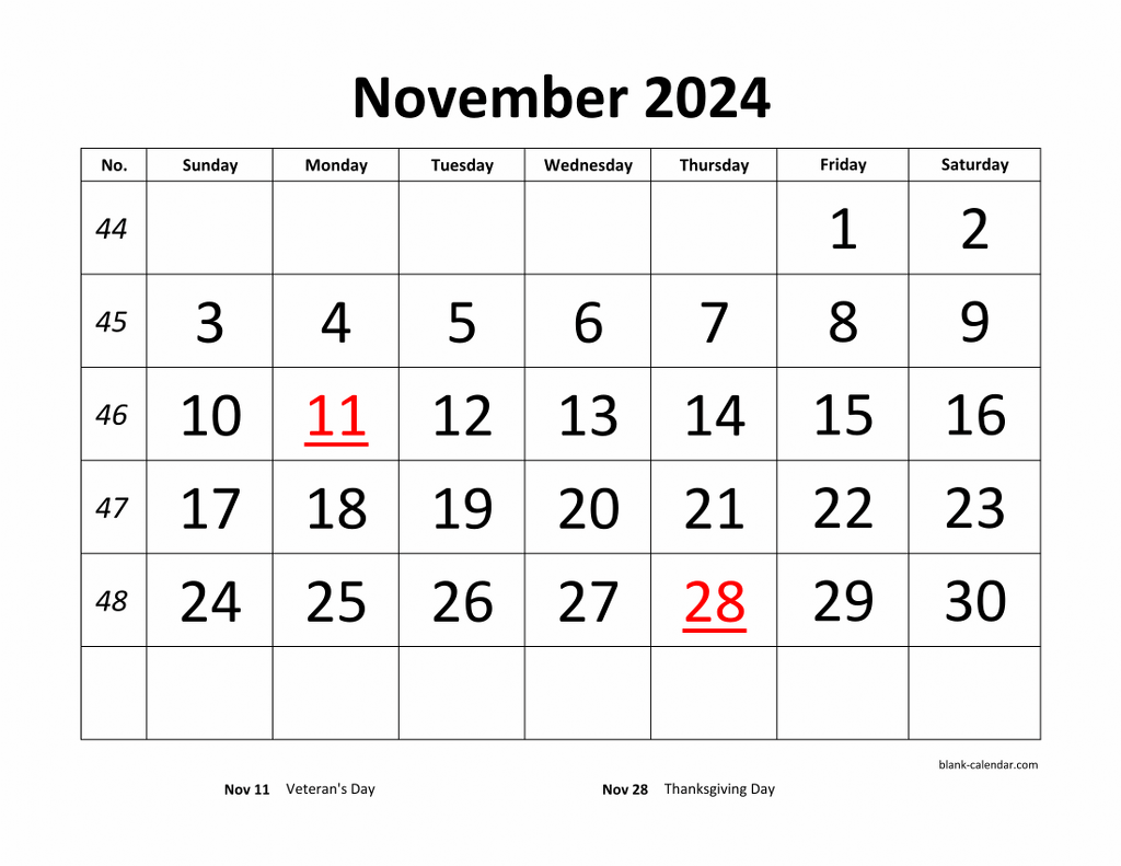 Free Download Printable November 2024 Calendar, Large Font Design for Calendar November 2024 With Holidays Printable