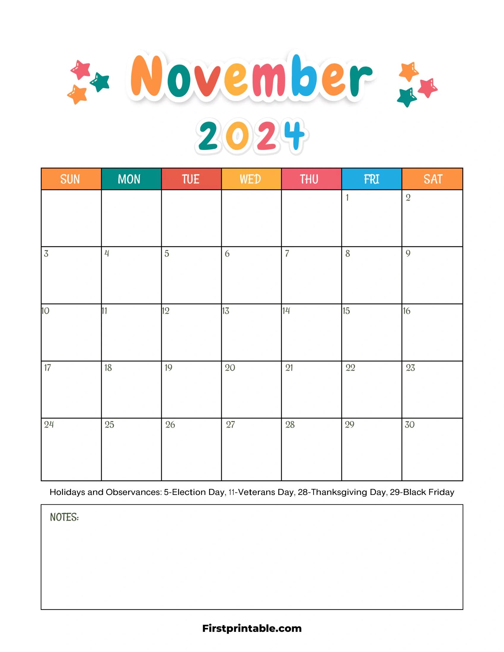 Free Printable &amp;amp; Fillable November Calendar 2024 inside 2024 November Calendar Printable Free Kids