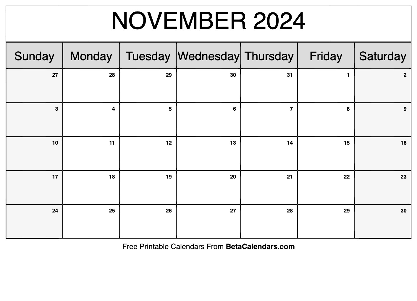 Free Printable November 2024 Calendar with Beta Calendars November 2024 Calendar Printable