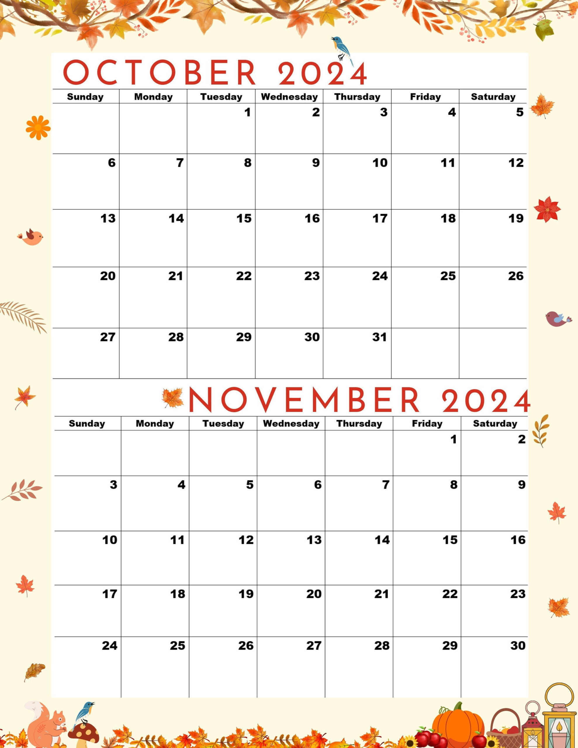 Kalender Für Oktober And November 2024,Happy Thanksgiving for Calendar 2024 October And November Printable