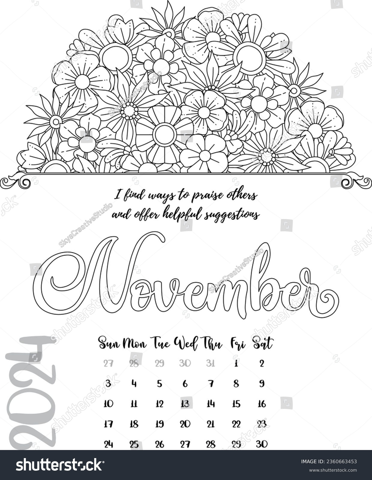 Mandala Affirmation Calendar Coloring Page November Stock Vector throughout 2024 Printable Coloring Calendars November