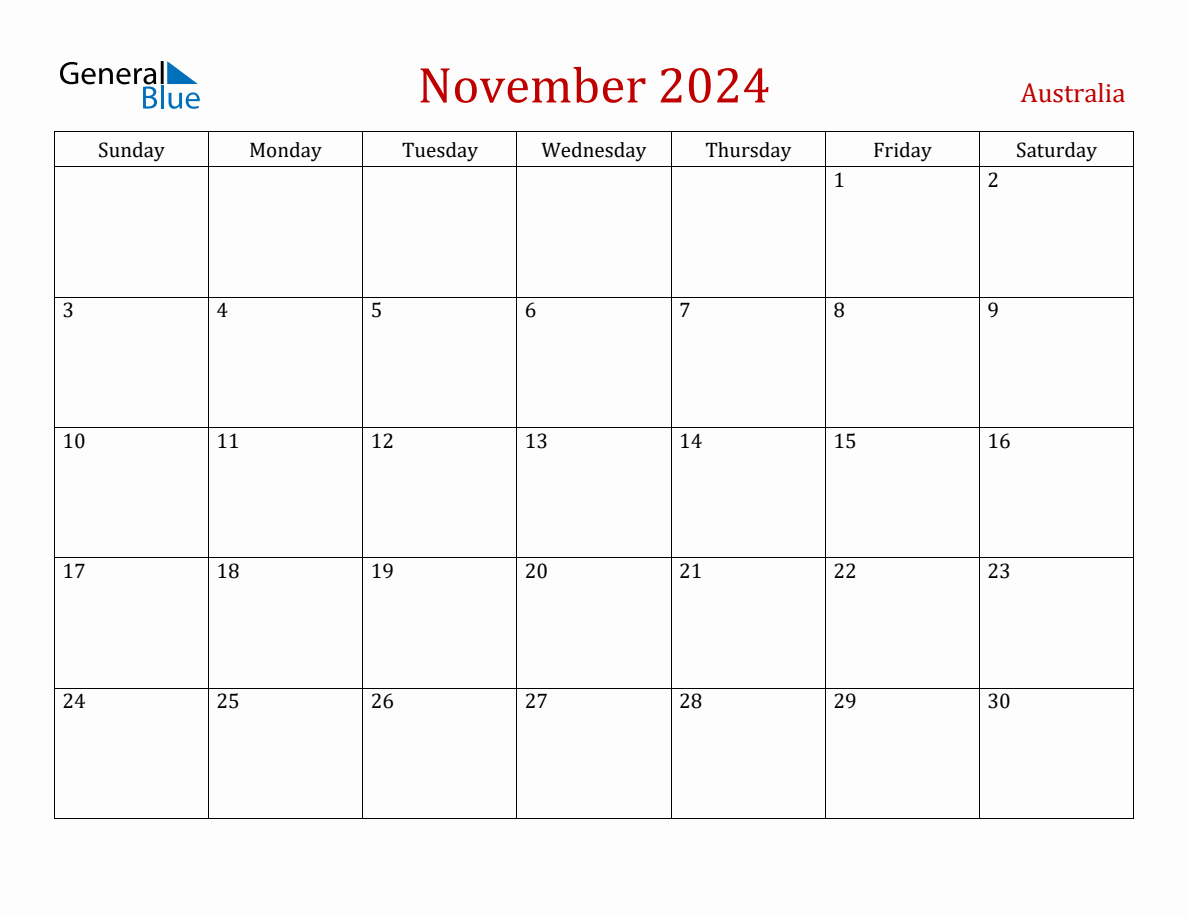 November 2024 Australia Monthly Calendar With Holidays for Calendar November 2024 Australia Printable