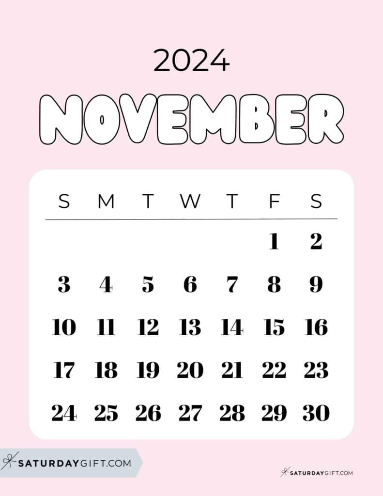 November 2024 Calendar - 20 Cute &amp;amp; Free Printables | Saturdaygift for Cute Free Printable November 2024 Calendar