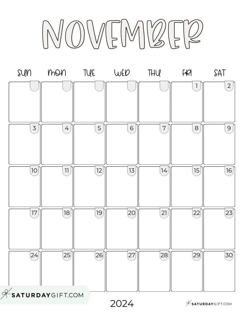 November 2024 Calendar - 20 Cute &amp;amp; Free Printables | Saturdaygift for Easy Printable November 2024 Calendar