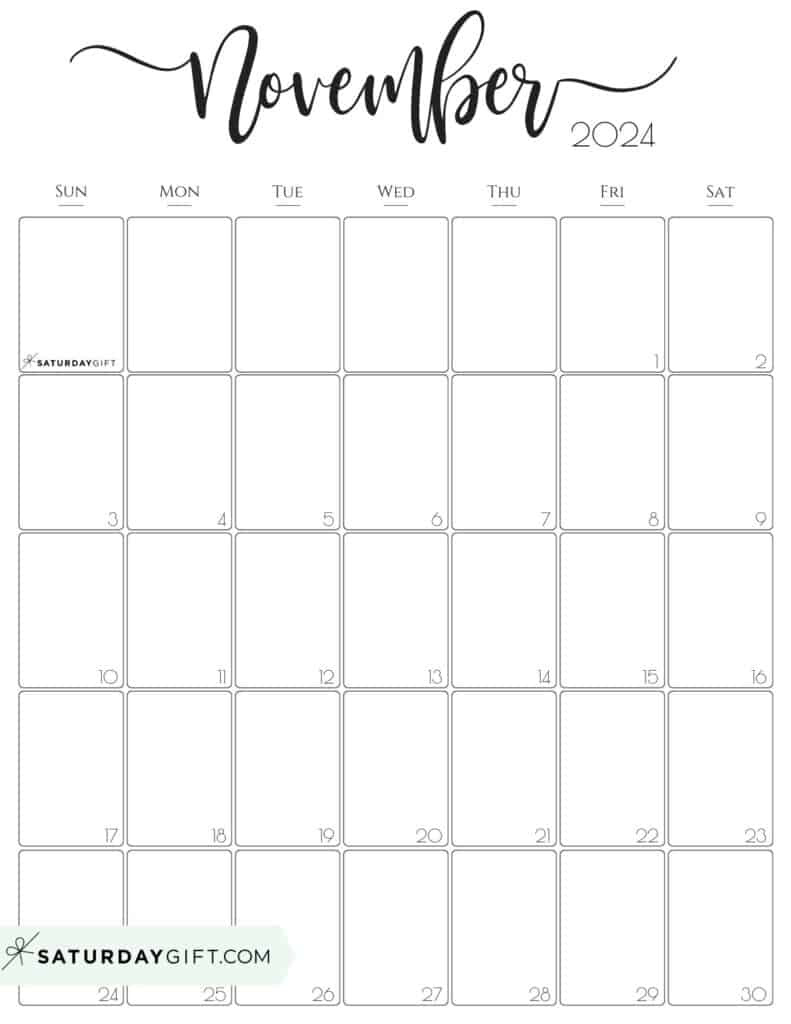 November 2024 Calendar - 20 Cute &amp;amp; Free Printables | Saturdaygift for November 2024 Vertical Calendar Printable