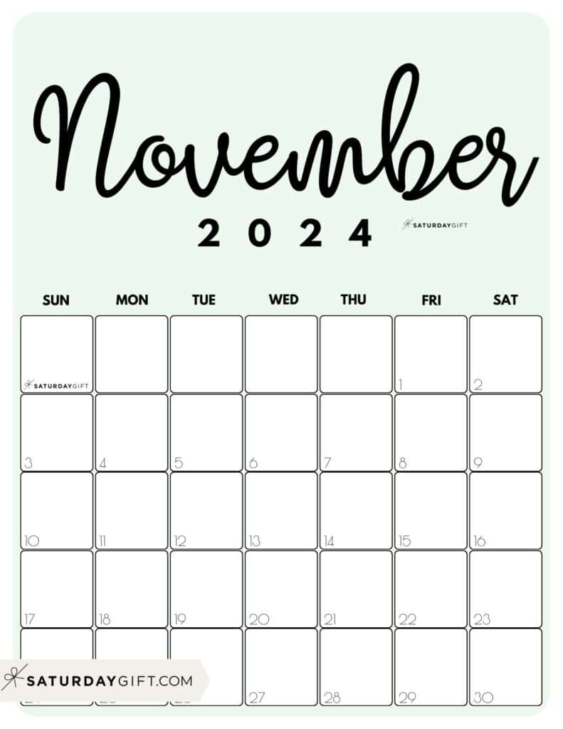 November 2024 Calendar - 20 Cute &amp;amp; Free Printables | Saturdaygift throughout Cute Printable November 2024 Calendar Large Print