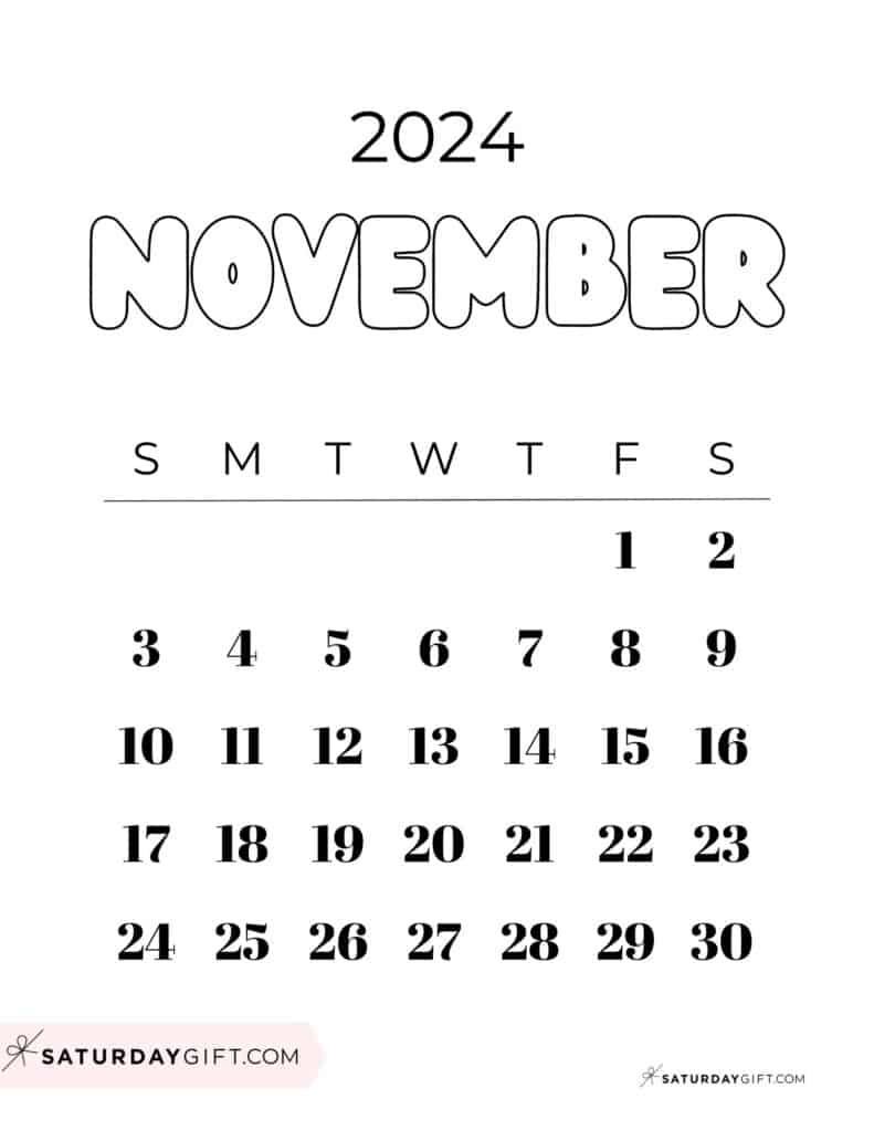 November 2024 Calendar - 20 Cute &amp;amp; Free Printables | Saturdaygift with November 2024 22 Calendar Printable