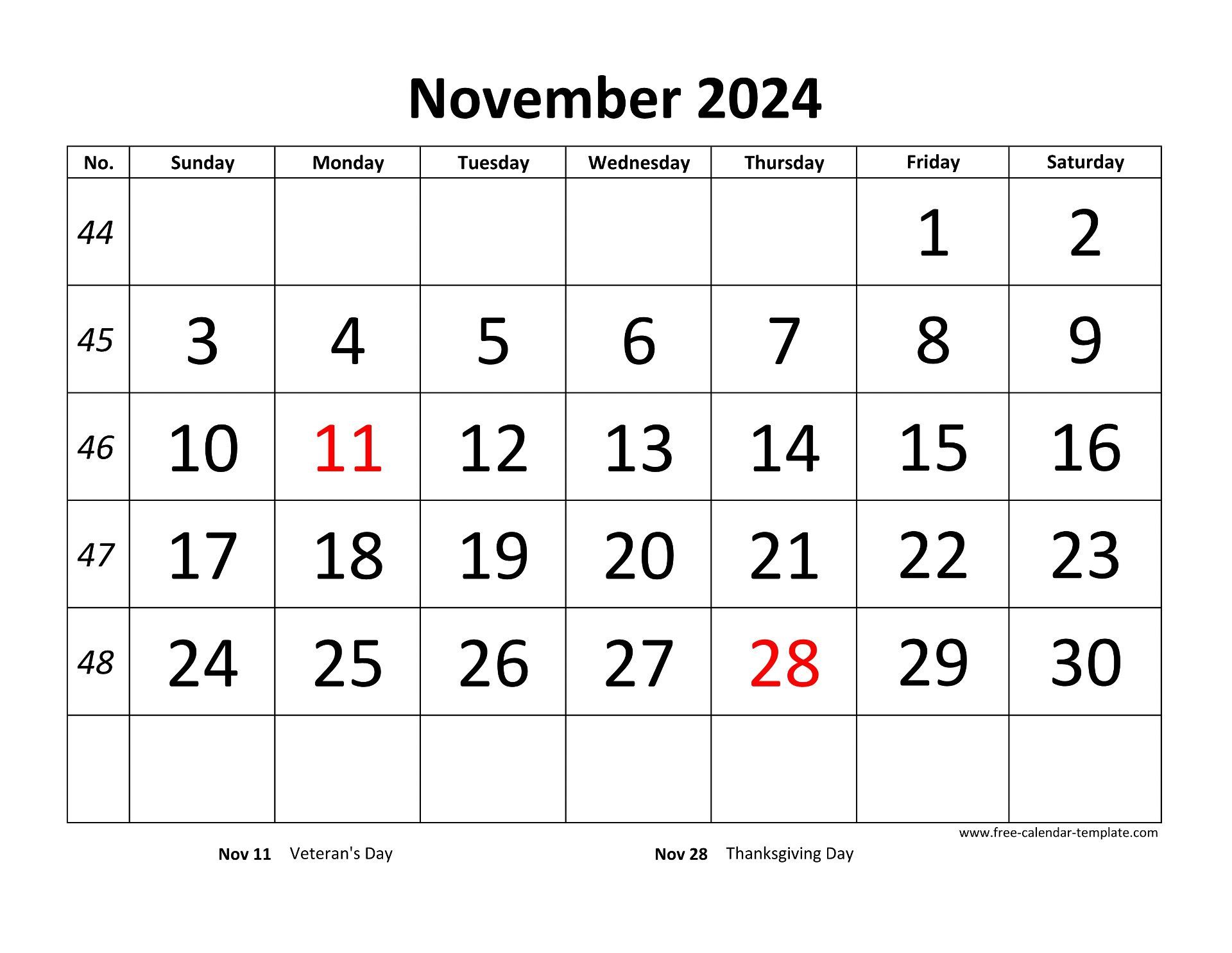 November 2024 Calendar Designed With Large Font (Horizontal in November 2024 23 Calendar Printable