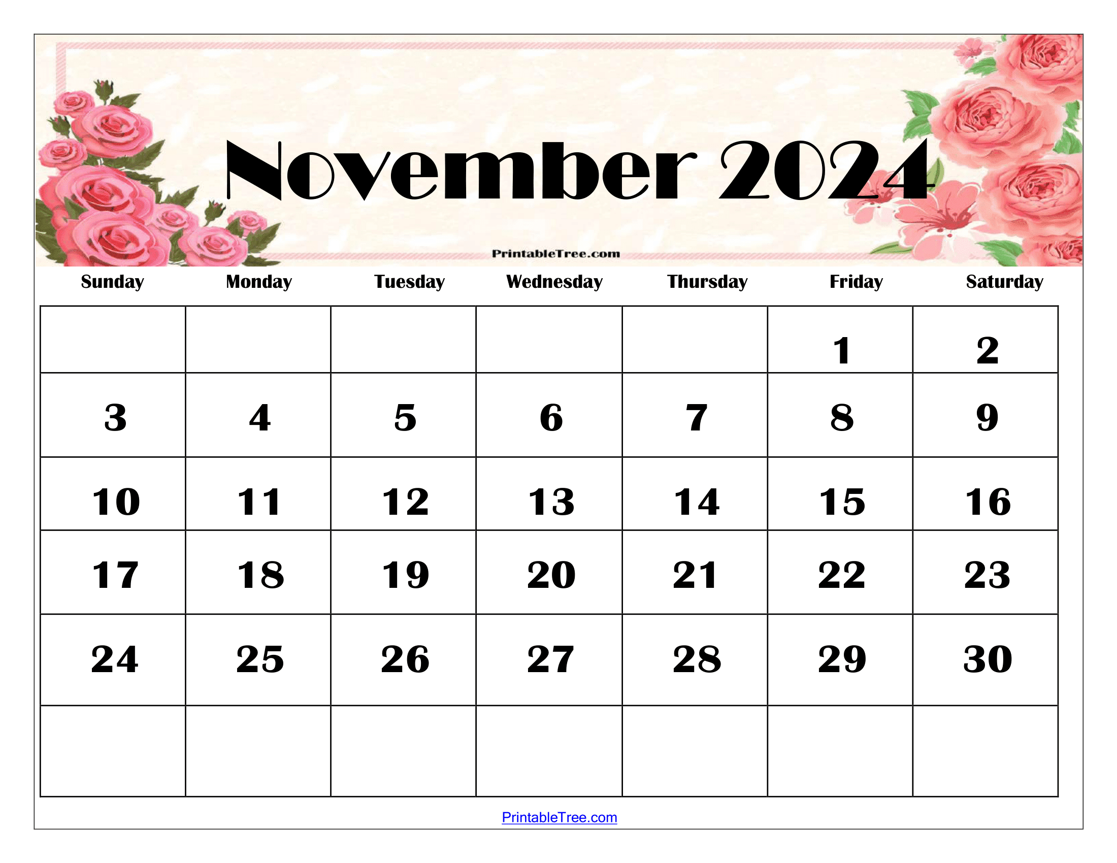 November 2024 Calendar Printable Pdf Template With Holidays for 2024 Printable Calendar One Page November