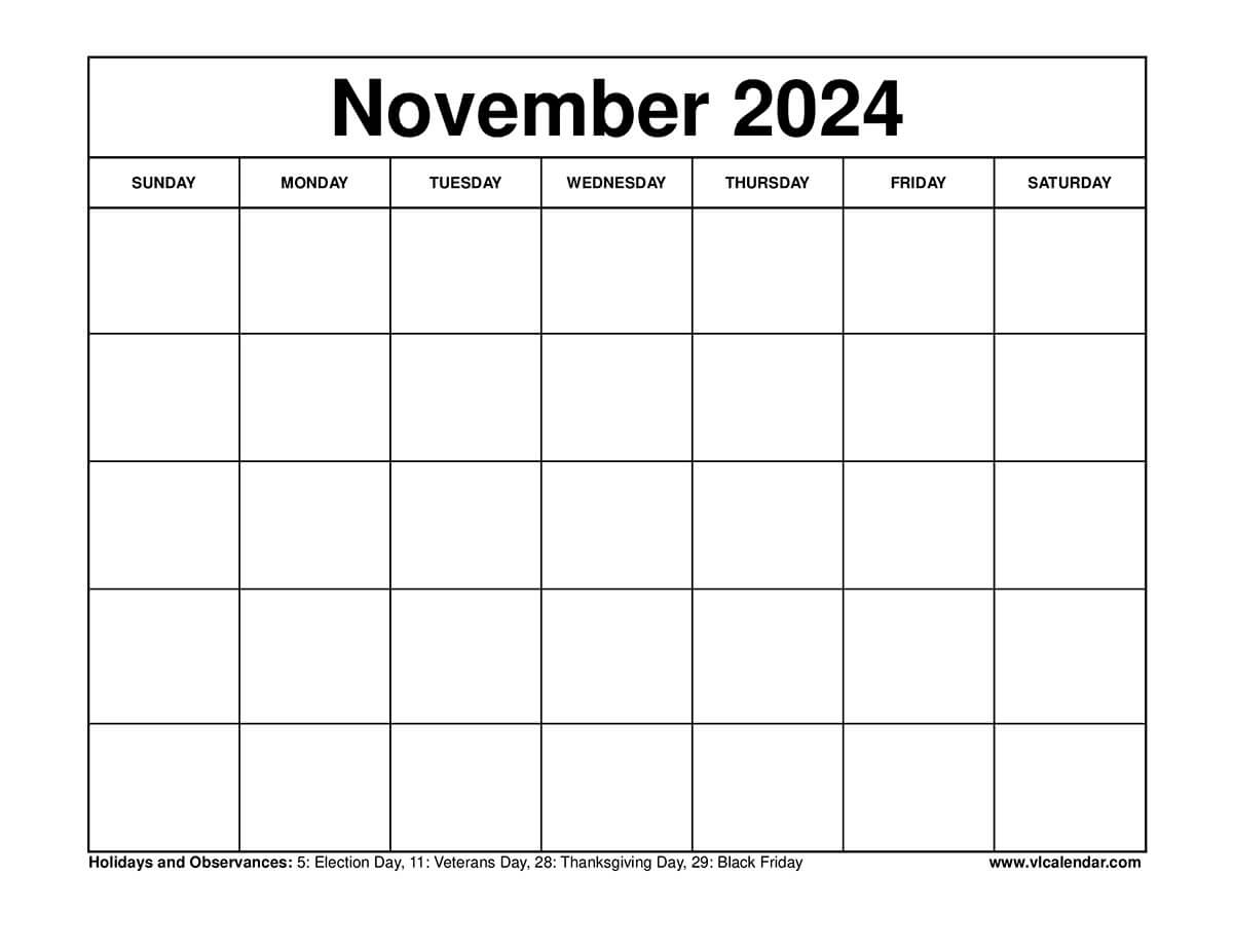 November 2024 Calendar Printable Templates With Holidays with regard to Black November 2024 Calendar Printable