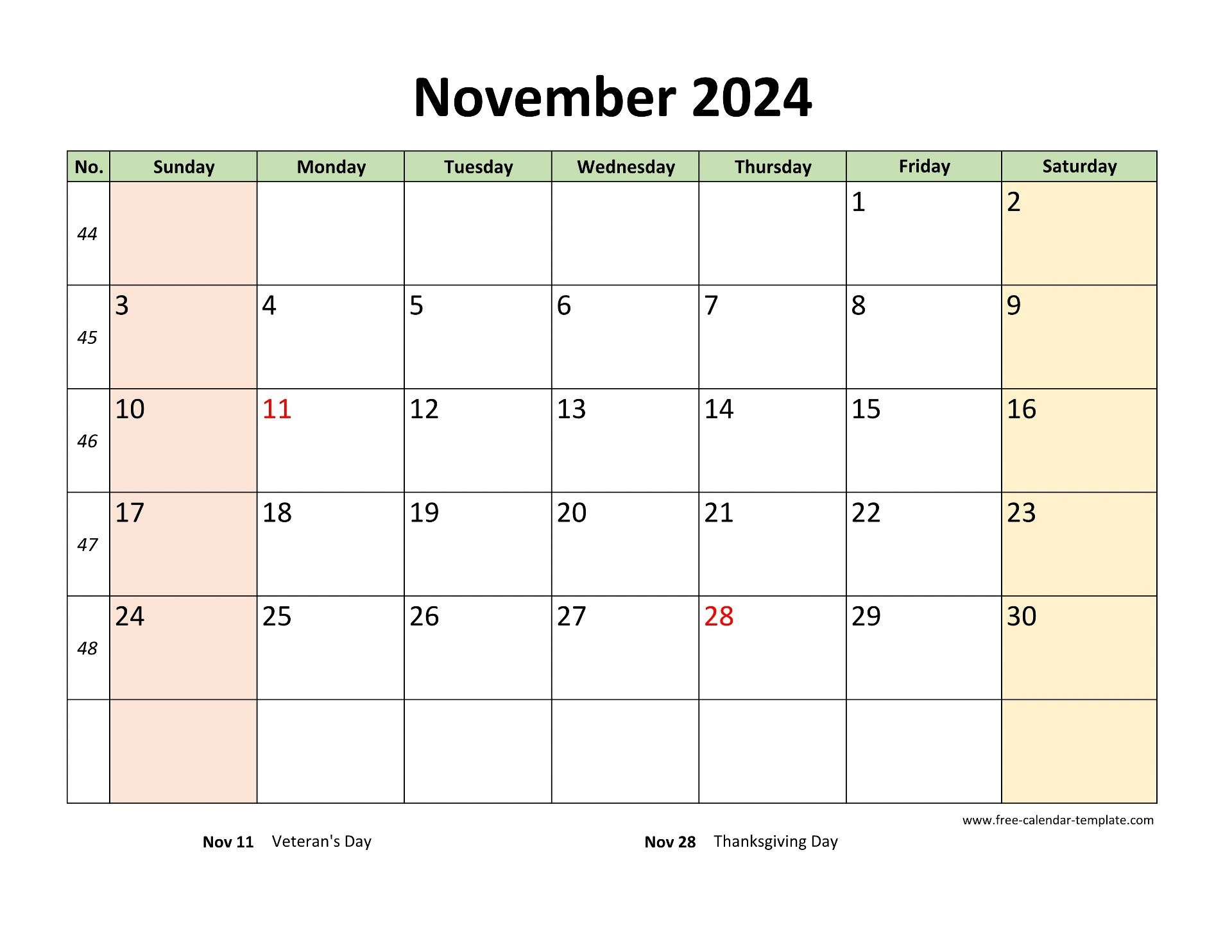 November 2024 Calendar Printable With Coloring On Weekend in Colorful Printable November 2024 Calendar