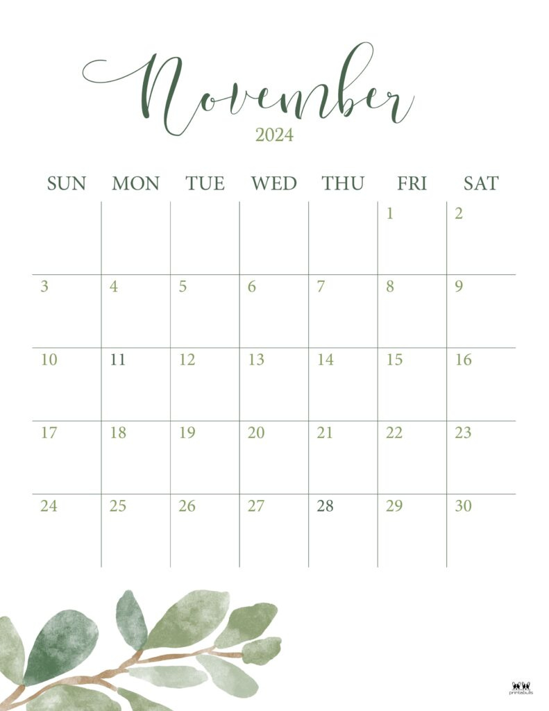 November 2024 Calendars - 50 Free Printables | Printabulls pertaining to Asthetic November 2024 Printable Calendar