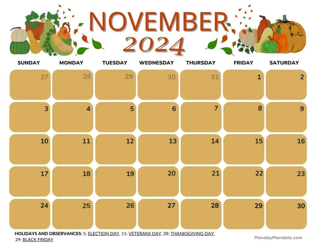 November 2024 Calendars (52 Free Printable Pdfs) for 2024 November Calendar Printable With Holidays