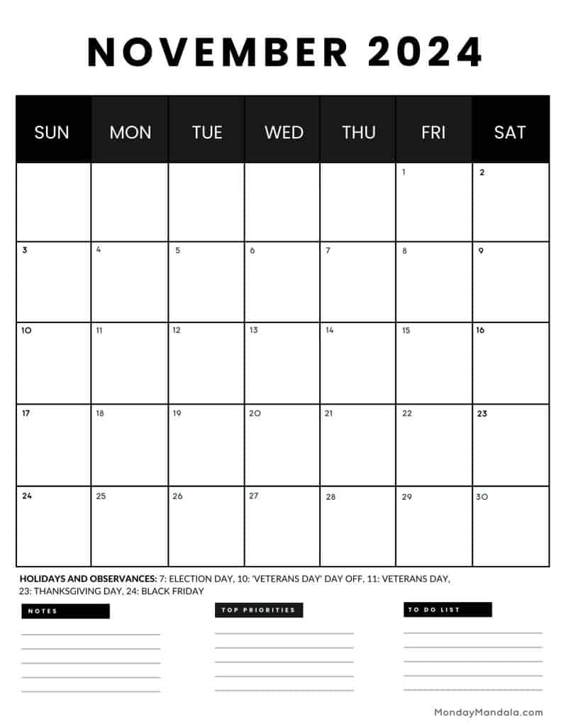 November 2024 Calendars (52 Free Printable Pdfs) for Black November 2024 Calendar Printable