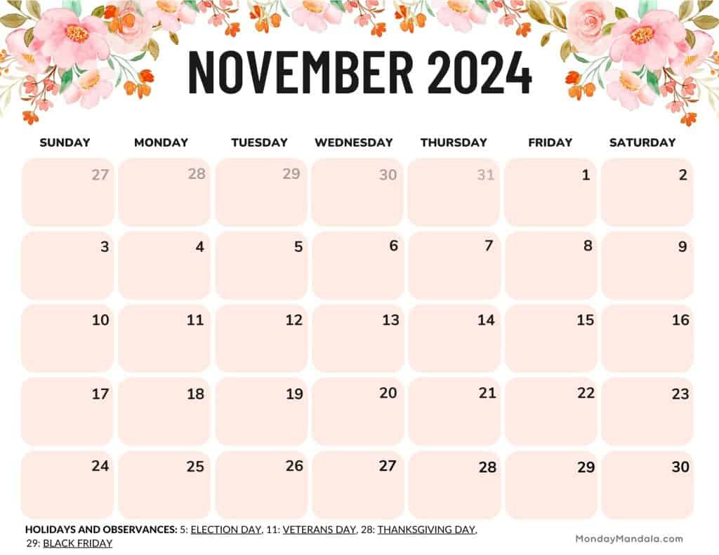 November 2024 Calendars (52 Free Printable Pdfs) inside 2024 November Landscape Printable Calendar