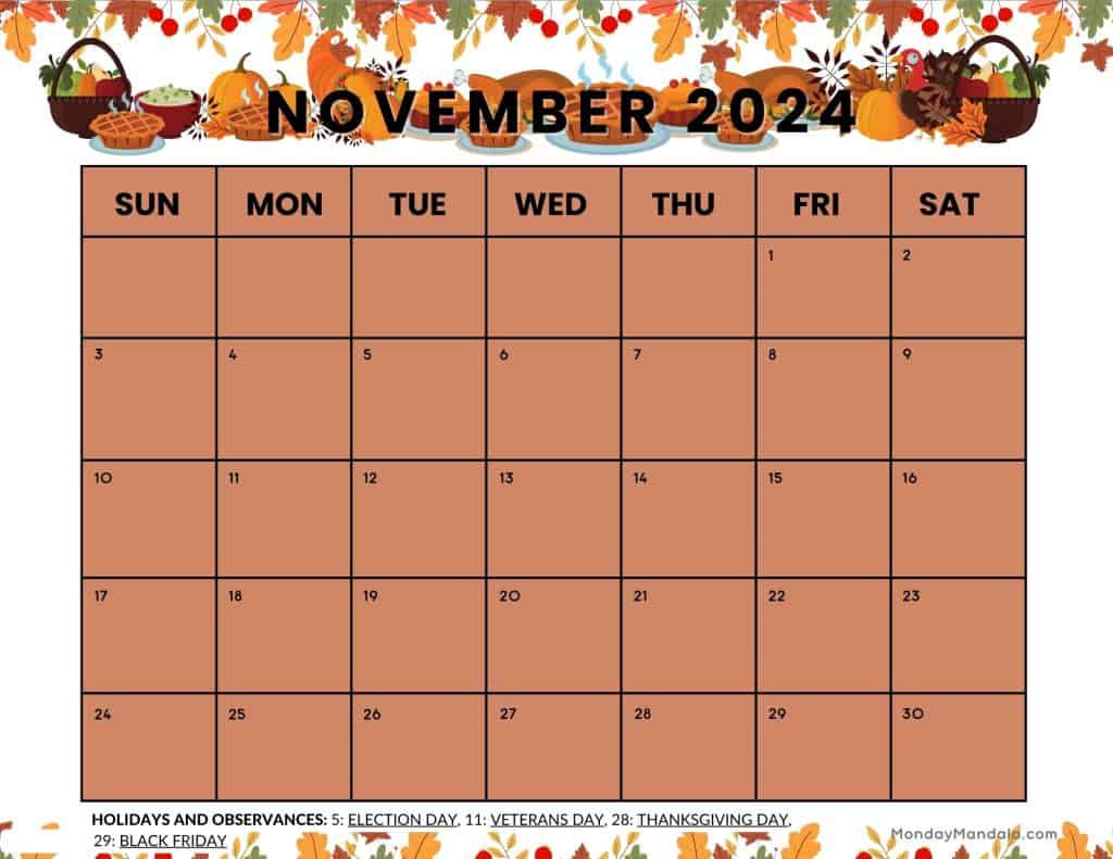 November 2024 Calendars (52 Free Printable Pdfs) pertaining to November 2024 Calendar Thanksgiving Printable