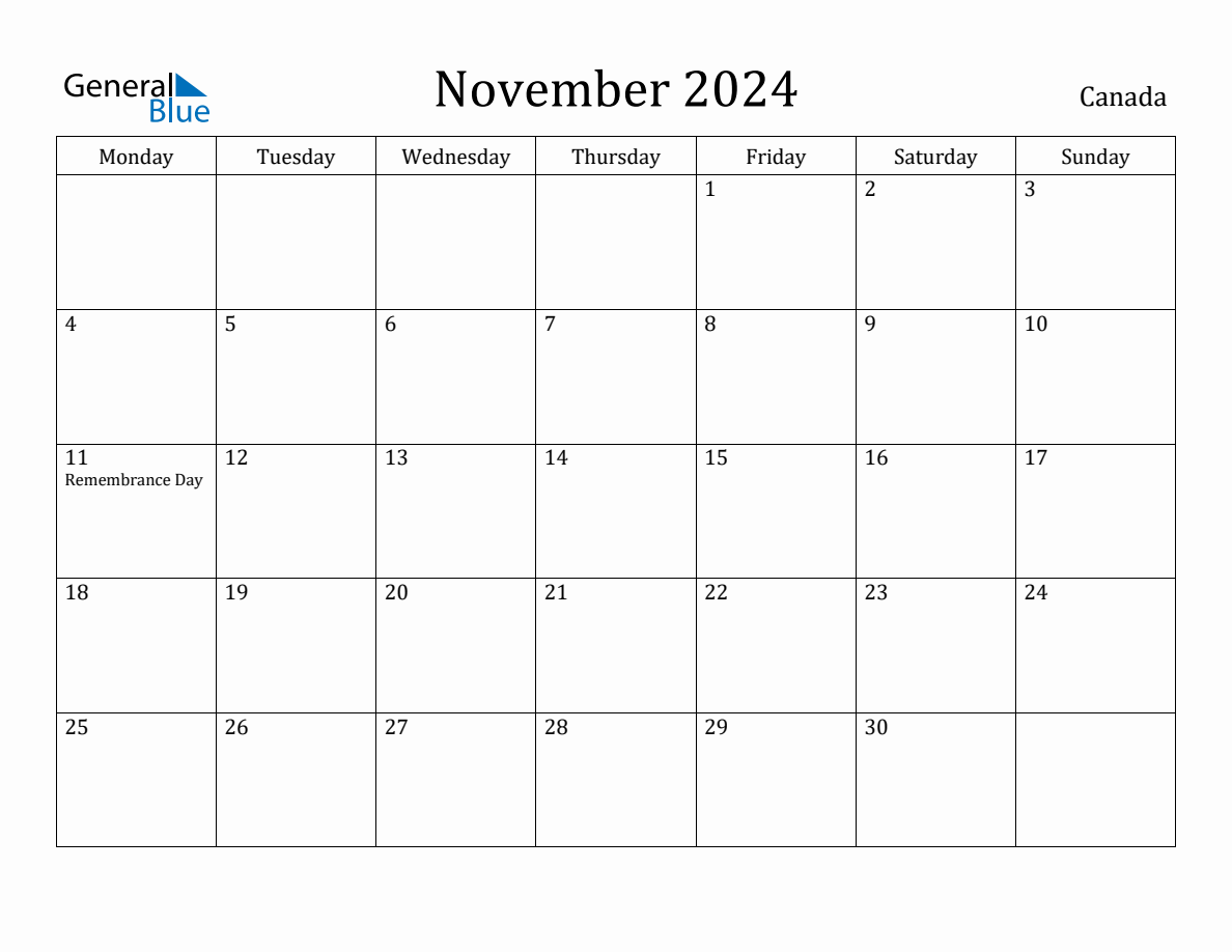 November 2024 - Canada Monthly Calendar With Holidays regarding Free Printable Calendar November 2024 Canada