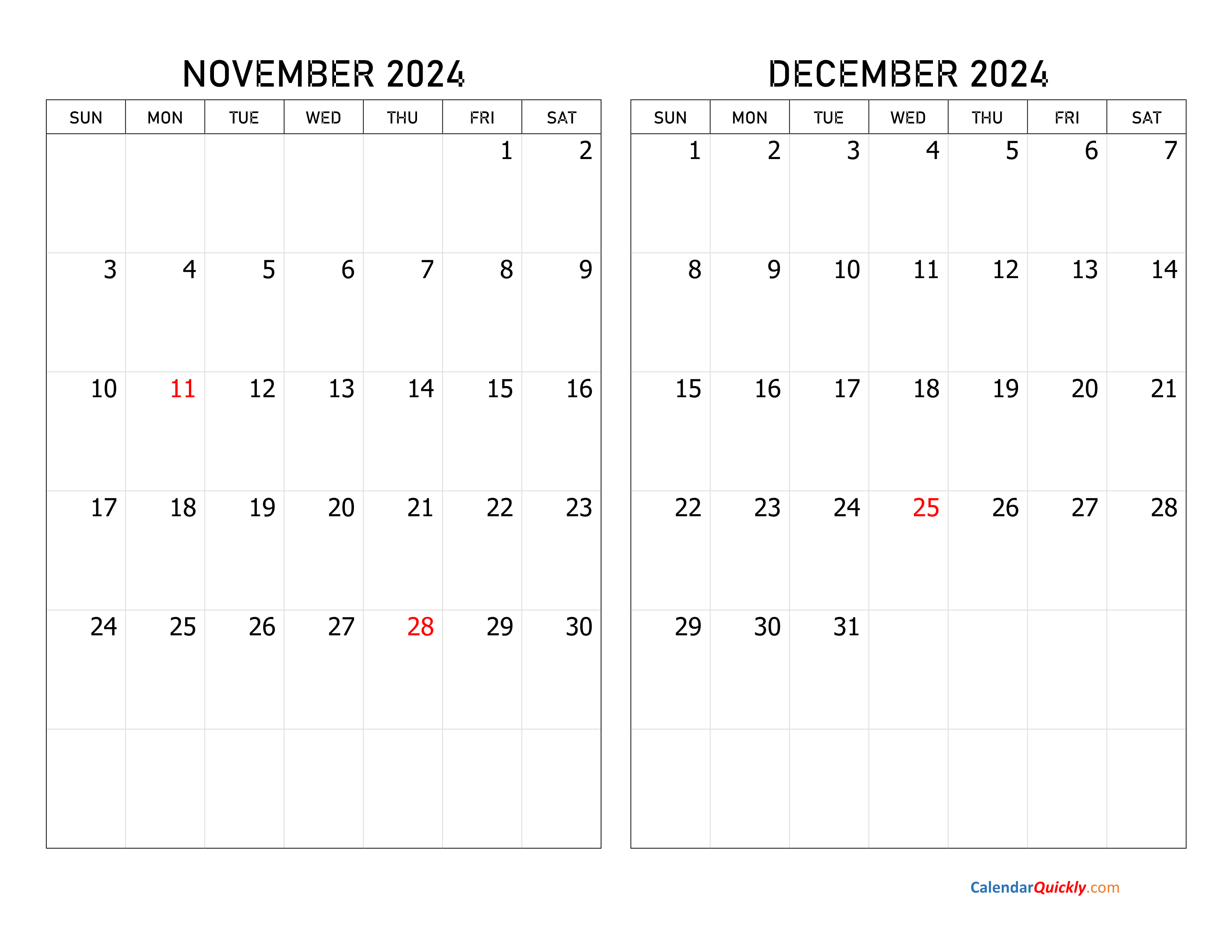 November And December 2024 Calendar | Calendar Quickly for 2024 November December Calendar Printable