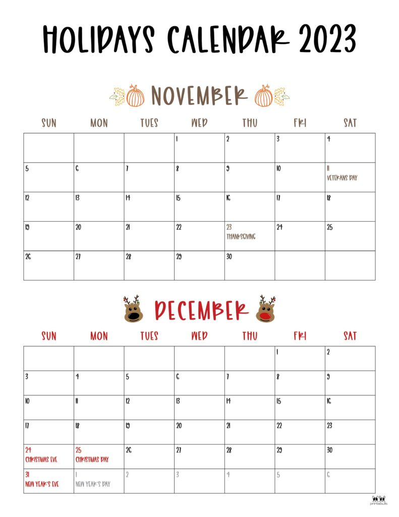 November December 2023 Calendars - 12 Printables | Printabulls with regard to 2 Month Printable Calendar For November December 2024