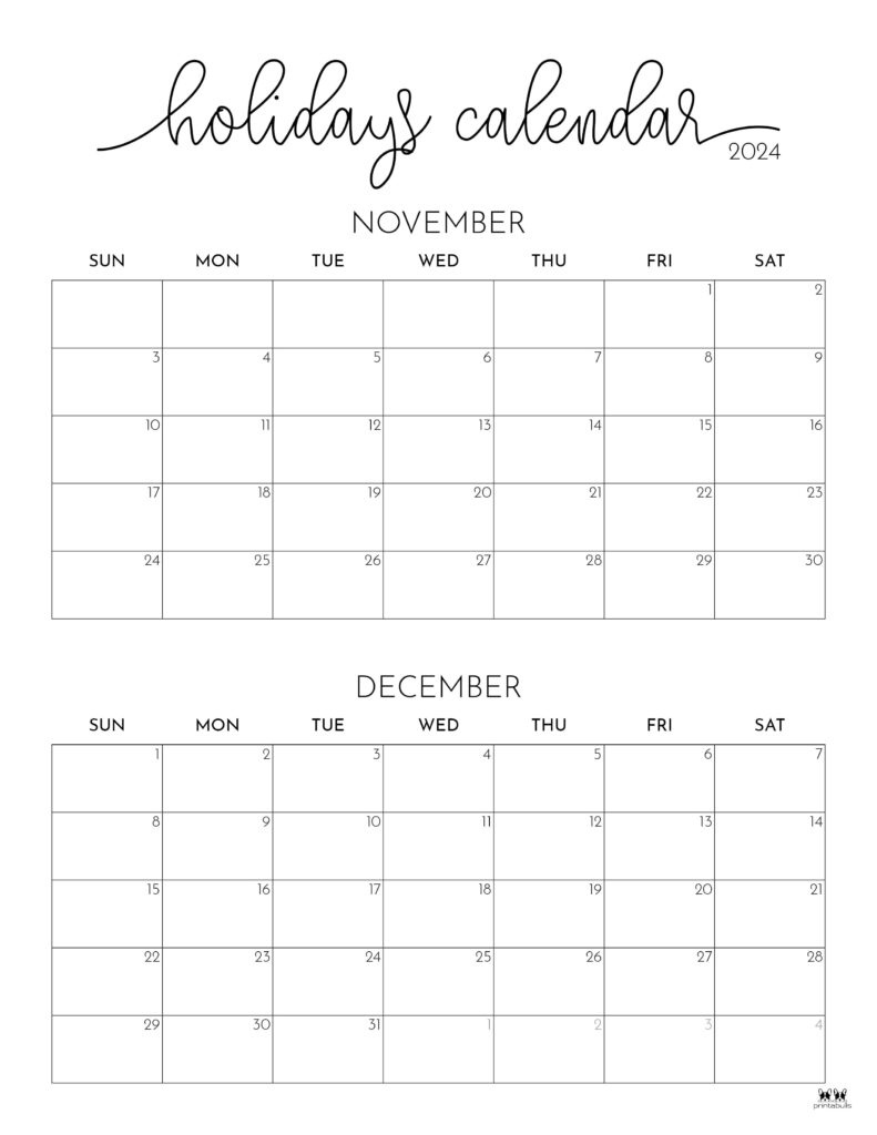 November December 2024 Calendars - 28 Printables | Printabulls for Calendar Printable 2024 November December