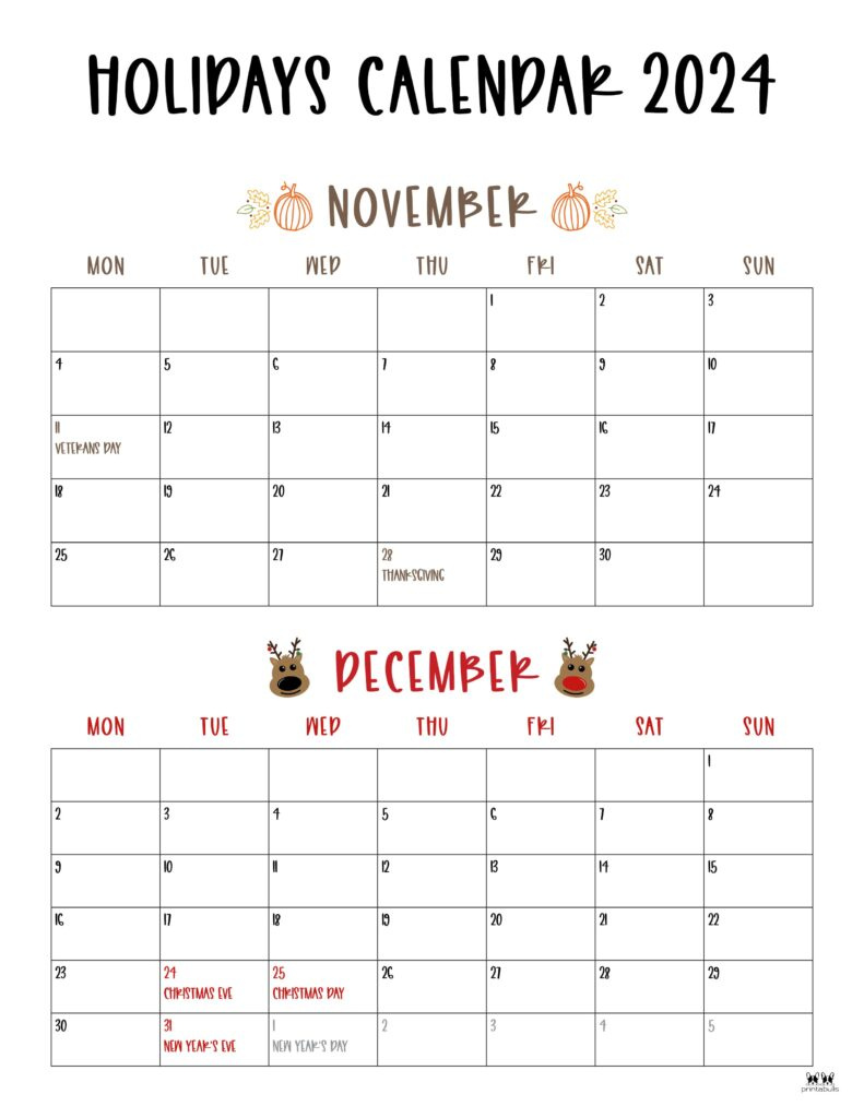 November December 2024 Calendars - 28 Printables | Printabulls intended for Free Printable Calendar 2024 November December Christmas