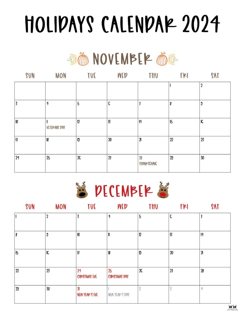 November December 2024 Calendars - 28 Printables | Printabulls with regard to Cute Printable November And December 2024 Calendar