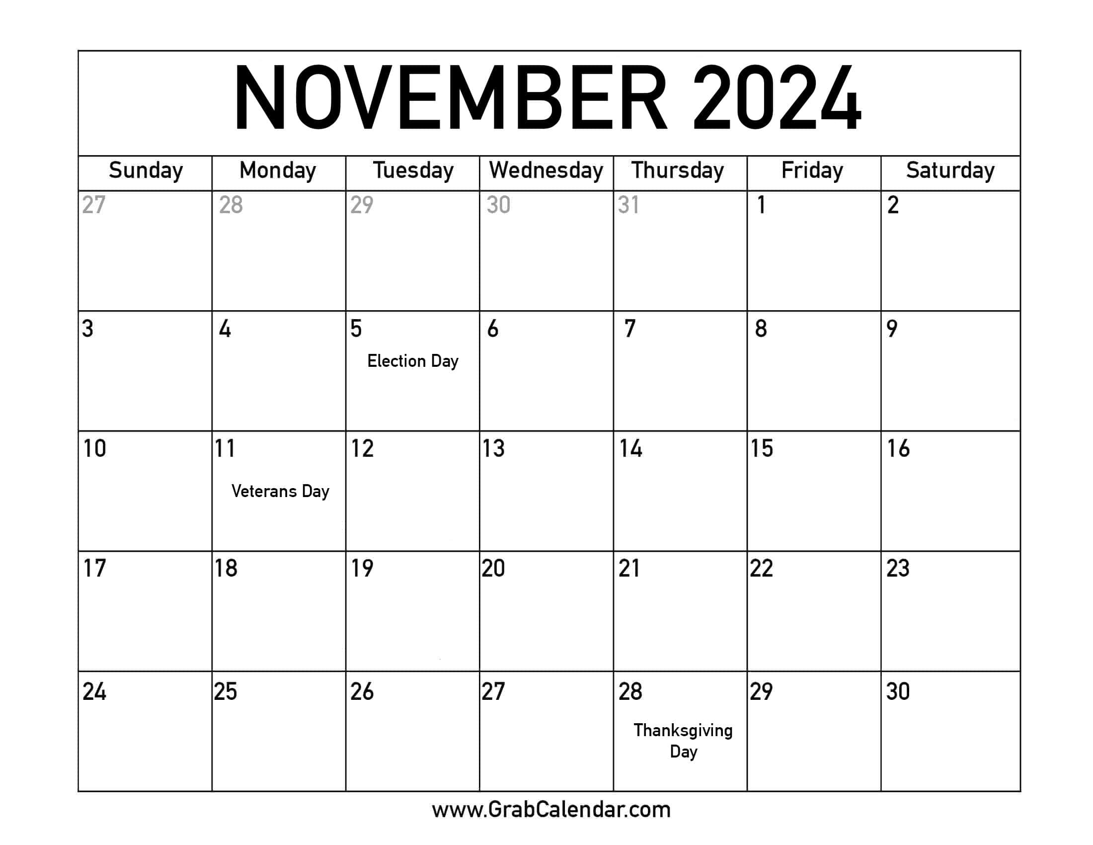 Printable November 2024 Calendar for 2024 November Calendar Printable With Holidays