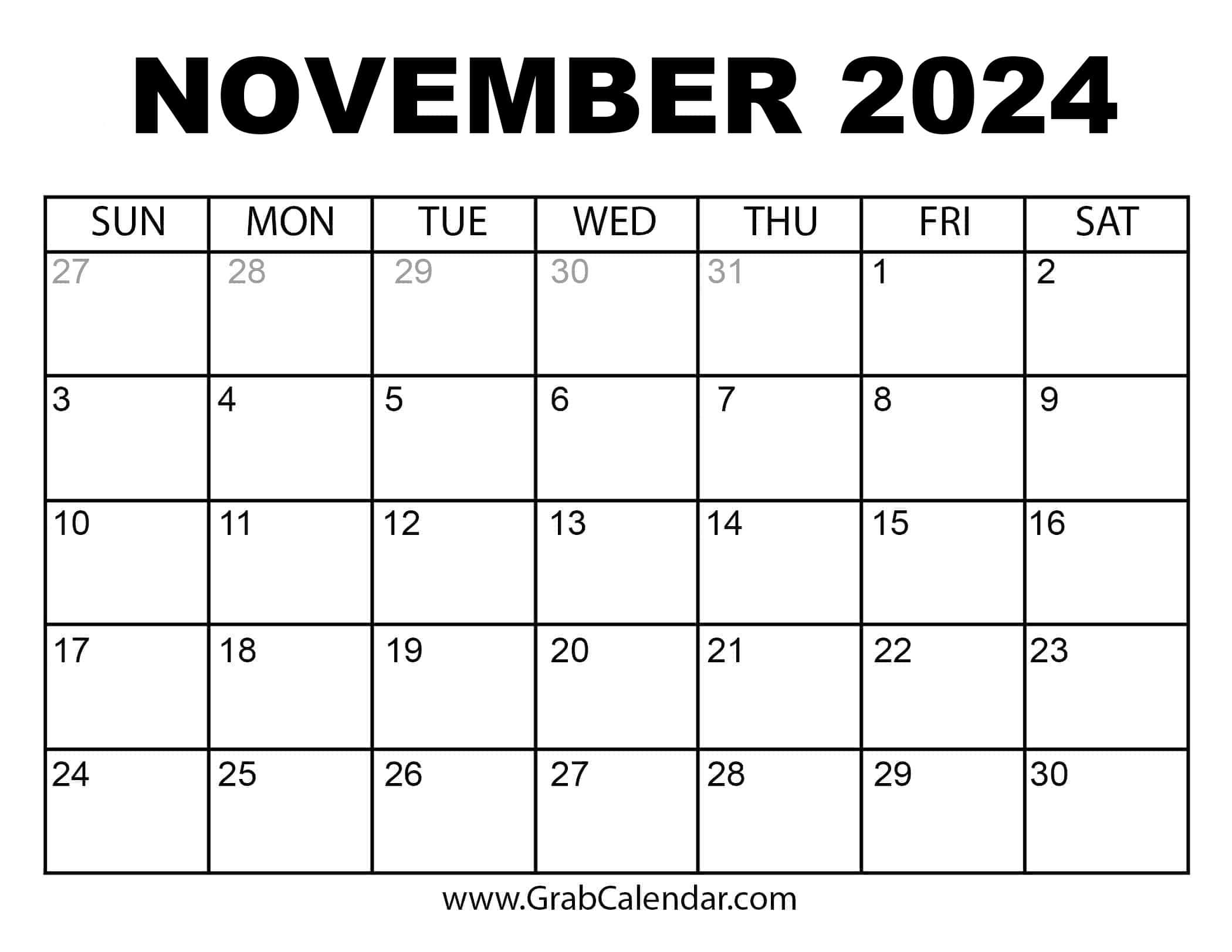 Printable November 2024 Calendar in Calendar 2024 November To 2024 November Printable