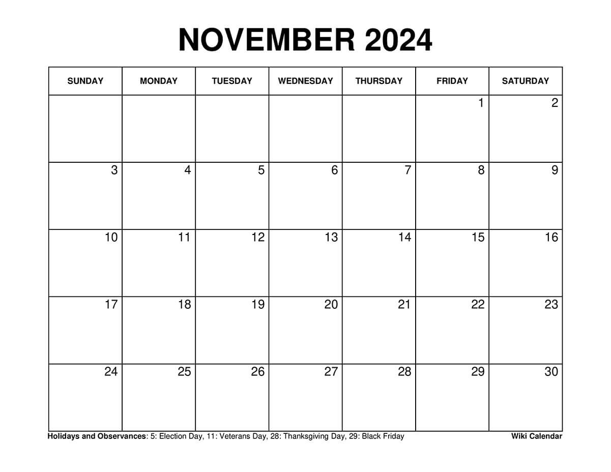 Printable November 2024 Calendar Templates With Holidays - Wiki throughout November 2024 24 Calendar Printable