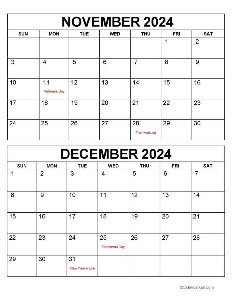 Printable November 2024 And December Calendar | Printable Calendar 2024