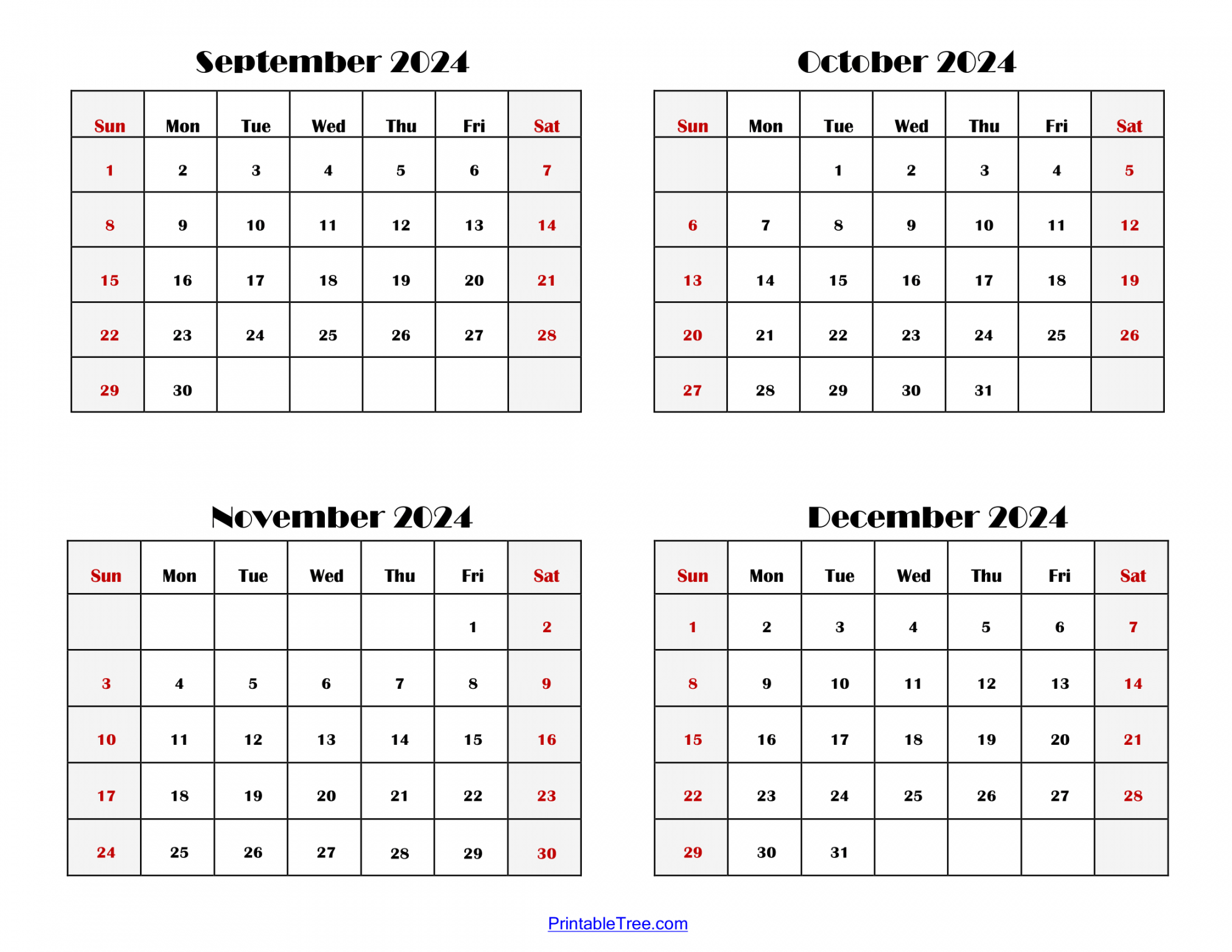 September To December 2024 Calendar in September Through December 2024 Calendar