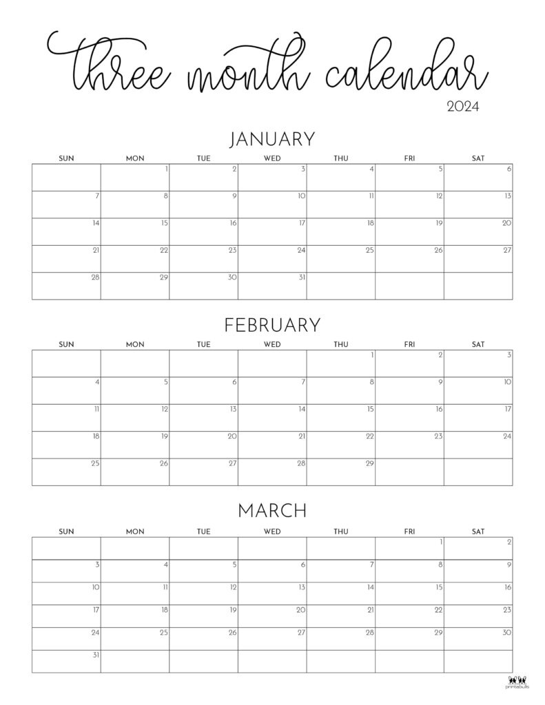 Three Month/Quarterly Calendars - 36 Free Calendars | Printabulls throughout Free Printable 3 Month Calendar 2024 October November December