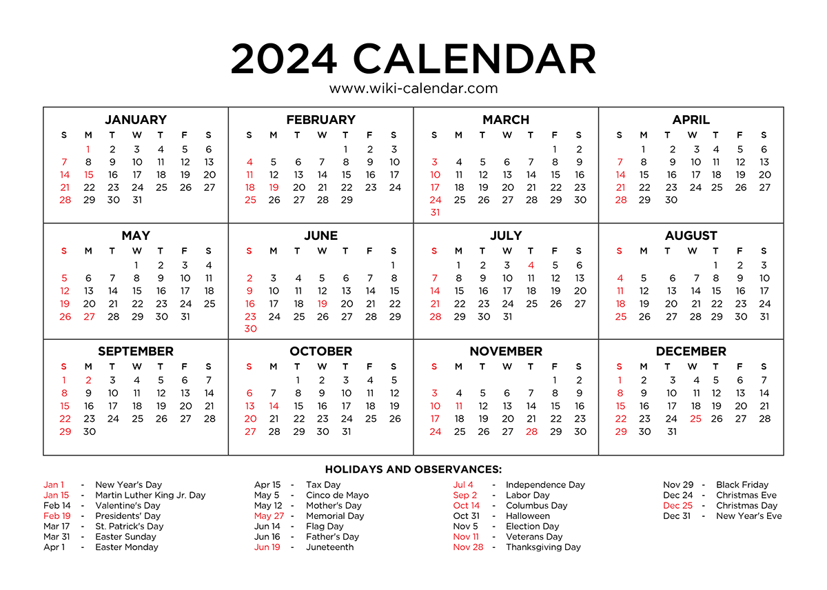 Year 2024 Calendar Printable With Holidays - Wiki Calendar in 2024 Printable Calendar With Holidays November And December