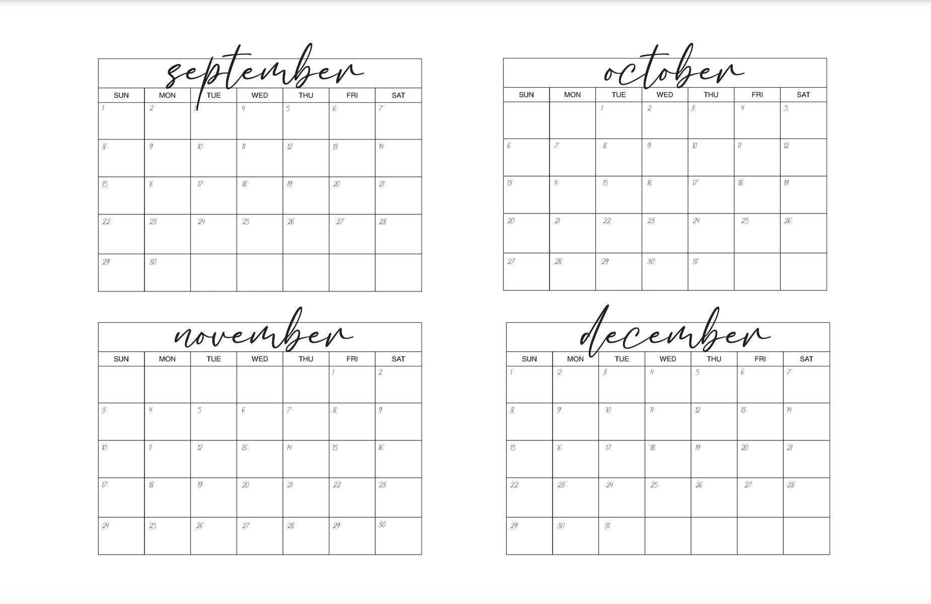 2024 4 Month Calendar Sept-Dec - Etsy Australia intended for Calendar September-December 2024 Printable