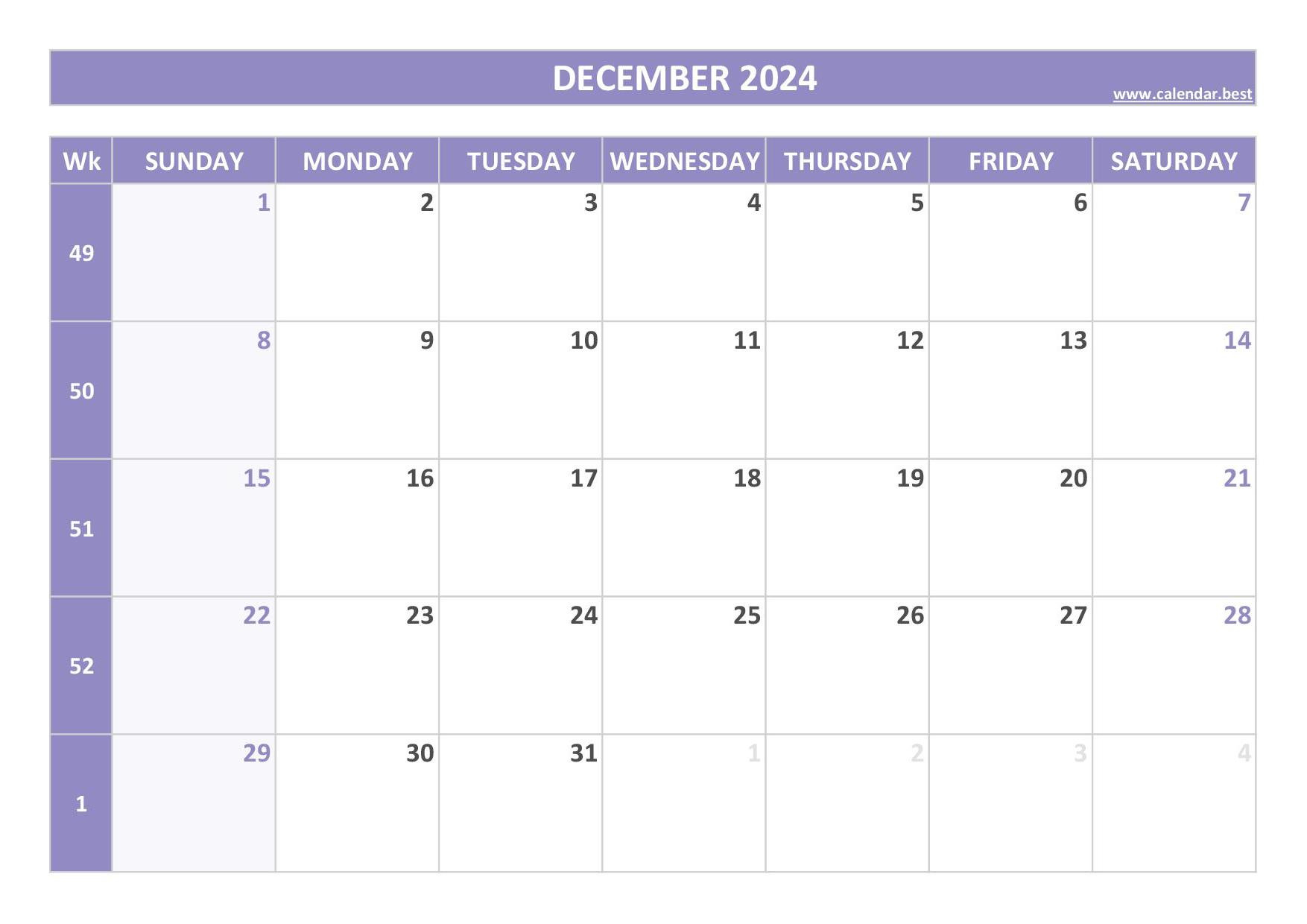 2024 Calendar With Week Numbers (Us And Iso Week Numbers) in 2024 December Calendar With Week Numbers Printable