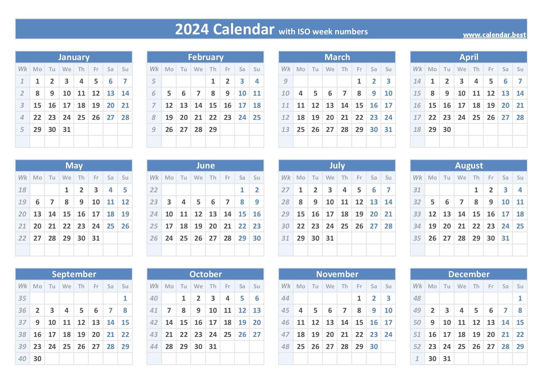 2024 Calendar With Week Numbers (Us And Iso Week Numbers) regarding 2024 December Calendar with Week Numbers Printable