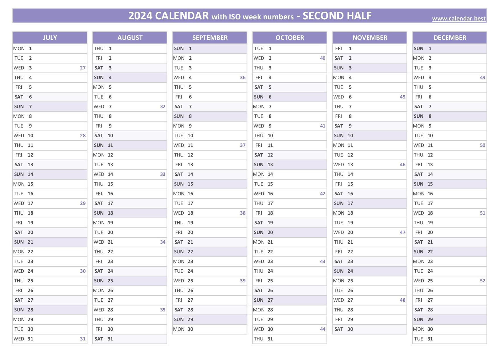 2024 Half Year Calendar To Print throughout 2024 Calendar Printable July to December