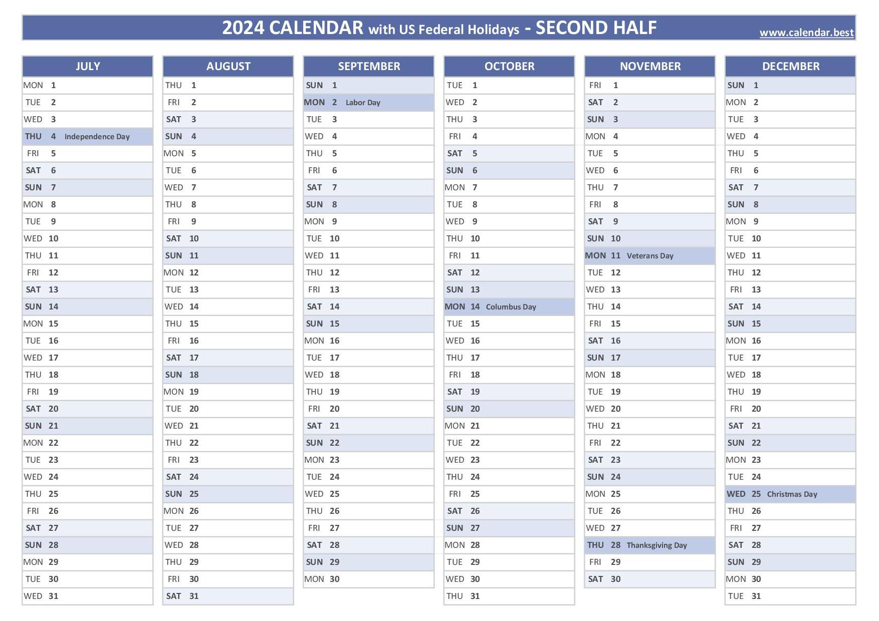 2024 Half Year Calendar To Print with August Through December 2024 Calendar Printable