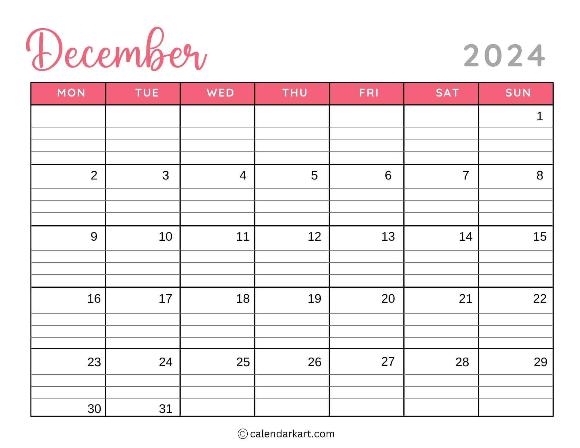 40 Printable December 2024 Calendars | Free Pdf - Calendarkart for Calendar Showing March December 2024 Printable